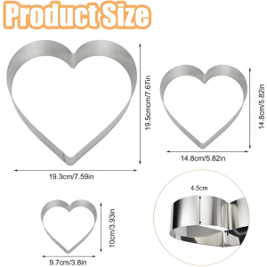 XMSJ | 3Pcs Stainless Steel Square Tart Ring Set 10/15/20cm DIY Heart Mousse Cake Baking Rings Baking Tools Love Shape Dessert Mould