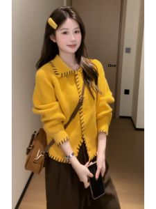 YUEZHONGWEI | Thick Lazy Style French Collar Yellow Sweater Cardigan
