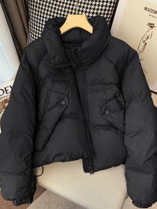 Áo Khoác Cotton Màu Đen Cổ Đứng Dày Cho Nữ Mùa Đông 2025 Phong Cách Mới Rộng Rãi Ấm Áp Dễ Thương Áo Khoác Ngoài