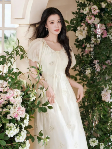 XIANGYING | Floral Embroidery Fitted Waist Pleated Puff Sleeve Womens Summer Dress White