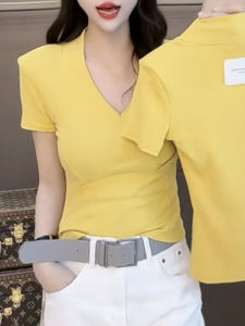Slim Fit Yellow T-Shirt Back Patch Pure Color Short Sleeve Korean Style Fashionable Spring Summer V-Neck Moisture Wicking