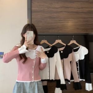 FRAN Fashion Button Flower Neck Knitted Cardigan Top Women Long Sleeve Blouse