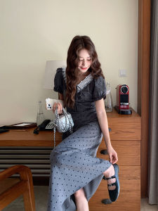 Gray Splice Polka Dot Dress High Waist Slimming French Style Summer New Womens Unique Beautiful Casual Polyester Fiber Bubble Sleeve