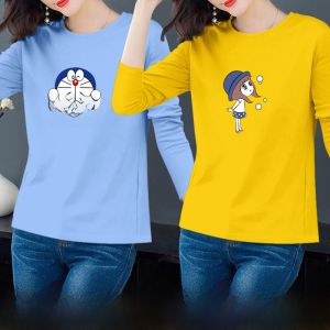 เสื้อยืดคอกลมแขนยาวผ้าฝ้ายแท้สำหรับผู้หญิง ฤดูใบไม้ผลิและฤดูใบไม้ร่วง สไตล์เกาหลี หลวมๆ ใส่ในบ้านได้ ไซส์ใหญ่ เสื้อผ้าทำงาน