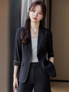 Black Casual Slim Fit Womens Jacket Summer New Style Thin Seven Sleeve Suit Set Small Size Elegant Lightweight Polyester