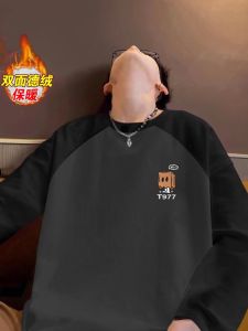 Áo Thun Nam Mùa Đông Dày Dặn Lót Lông Cừu Hai Mặt Màu Khối Chèn Vai in Họa Tiết Hoạt Hình Thời Trang