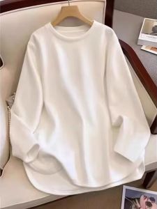 White Pure Cotton Long Sleeve Base Shirt Womens Inner Wear Autumn Winter Shark Pants Matching Top Casual Comfortable Loose Fit