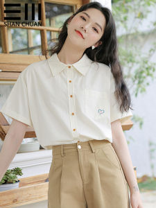 Preppy Style Short-Sleeved White Shirt for Women 2024 Summer New Arrival Loose Embroider Polo Collar Tops Western Style Leisure Shirt