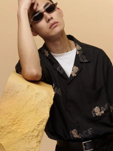 Linen Short Sleeve Shirt Mens Fashion Summer Bear Print Loose Fit Couples Shirt Cool Feeling Regular Length B2308