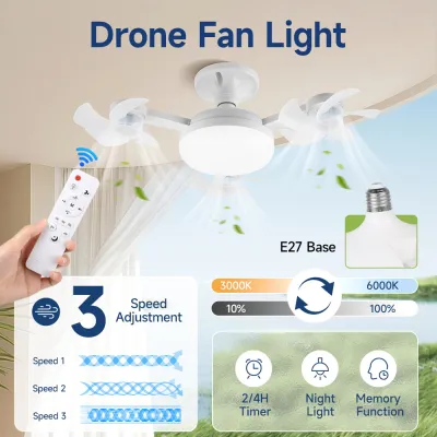 Multi-Head Ceiling Fan Light E27 Bulb 60W Ceiling Lamp with Fan Home Decor Foldable Fan Lights for Bedroom Living Room Kitchen