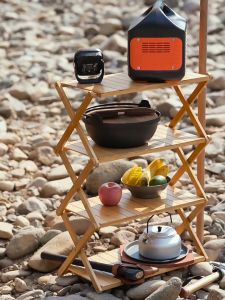 【 Ready Stock】Outdoor Folding rack Multilayer Camping Wood Shelf Portable Picnic Cookware hanging rack Storage Rack