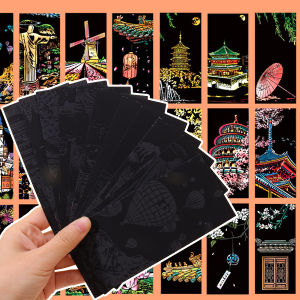 YESPERY ระบานสีแบบขูดภูมิทัศน์อาคารเมืองศิลปะฉากกลางคืนแบบทำมือ12ชิ้นอุปกรณ์เครื่องเขียนนักเรียนของขวัญปีใหม่ของเล่นบรรเทาความเครียดที่คั่นหนังสือ