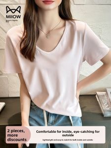 Miiow | Slimming Effect V-neck Solid Color Plus Size Short Sleeve T-shirt Women Casual Summer New Style Versatile Base Layer Top