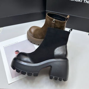 รองเท้าบูทมาร์ตินหนังแท้ส้นหนาสำหรับผู้หญิง ฤดูใบไม้ผลิและฤดูใบไม้ร่วง ทรงหัวมน ด้านข้างเปิด ซิป ทรงสั้น สไตล์ย้อนยุค