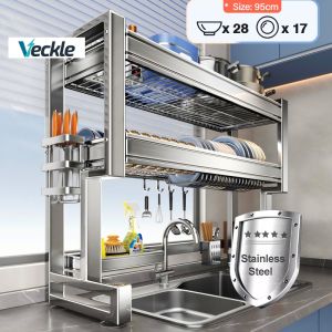 Veckle 1/2 Tiers Stainless Steel Over-Sink Dish Cabinet Rack Plate Drying Rack Dish Rack Kitchen Organizer