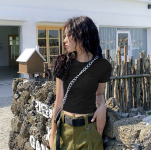 White Crop Top Womens Short Sleeve Tight Fit High Waist Design Korean Style round Neck T-Shirt Summer Fashion Casual Cotton Blend