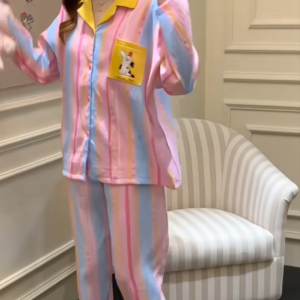Korean Colorful Striped Womens Soft Cotton Pajama Set With Chest Pads Soft And Loose Loungewear With Side Pockets.