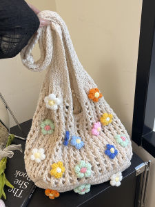 Summer Hollow out Knitted Tote Bag Womens Large Capacity Single Shoulder Bag Fluffy Flower Design Soft Fabric Casual Style