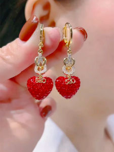 Red Full Diamond Heart Shaped Super Shiny Elegant New Year Celebration Ear Jewelry Womens Fashion Accessories Gold Plated Gemstone