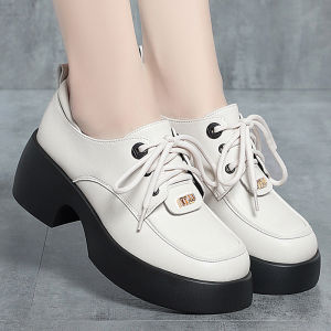Womens Lace-Up Single Shoes 2024 Spring Autumn Pattern Color Waterproof Platform Thick Bottom British Style Casual Flats