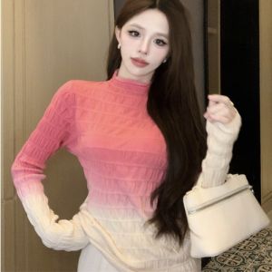 GUZILIAN | Graduated Color High Neck Slim Fit Knitwear Womens Autumn Winter Design Unique Inner Wear French Elegant Top