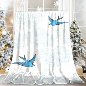 Beast Kingdom | Light Blue Cloud Blue Swallow Line Art Flannel Blanket Soft Fuzzy Plush Cozy Lightweight Throw for Sofa Bed Couch