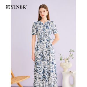 YINER | Đầm Xòe In Hoa Thanh Lịch Cổ V Đai Dây Buộc
