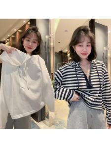 Casual Loose Long Sleeve T-Shirt Womens Spring New Style Versatile Thin Base Layer Hoodie Korean Version Pure Color Commute