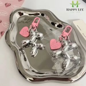 Móc Khóa Charm Chó Bóng Bay Inox Kèm Trái Tim Cute – Set 2 Cái – Trang Trí Túi Xách Balo Chìa Khóa