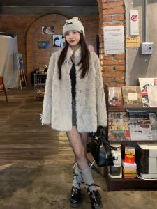 Eco-Friendly Mink Fur Jacket Womens Mid-Length Plush Thick Winter Coat Sweet College Style Butterfly Knot Front Openings