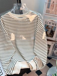 High-End Striped Sweatshirt Womens Spring Autumn Quality Large Version Base Shirt Fashionable Cotton Commute Style round Neck Long Sleeve