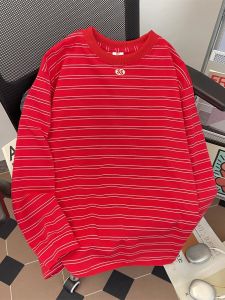Áo Thun Nam Tay Dài Cổ Tròn Dáng Rộng Phong Cách Mỹ Cổ Điển Mùa Thu Màu Đỏ Sọc Thoải Mái Thường Ngày