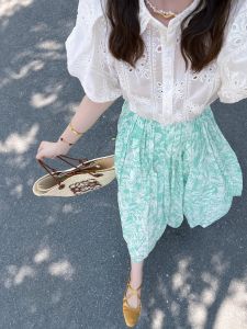 American Retro Green Print Half Skirt Women Summer High Waist Versatile A-Line Flared Midi Skirt Cotton 100% Floral Pattern