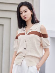 WANGGONGZHU | Princess Style Ice Silk Knitted Shoulder Bared Summer Thin Short Sleeve Womens Top Fashionable Color Block Design Commute Friendly