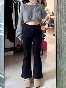 Black Bell Bottom Jeans Womens Autumn Winter New Large Size Elastic High Waist Slim Straight Long Pants