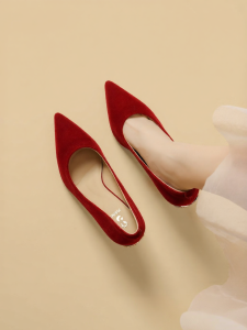 Josiny | New 2026 Traditional Chinese Red Bridal High Heels Pointed Toe Velvet Wedding Shoes