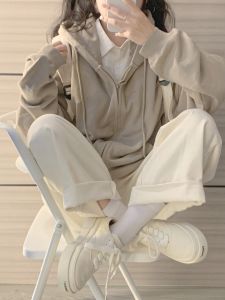 เสื้อแจ็คเก็ตคาร์ดิแกนคอวีมีซิปสำหรับผู้หญิง ทรงหลวม แขนยาว ปกติ ฤดูใบไม้ผลิและฤดูใบไม้ร่วง ผ้าผสมคอตตอนและโพลีเอสเตอร์