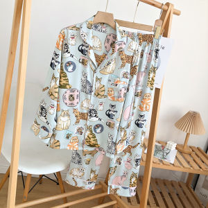 Ice Silk Long Sleeve Sleepwear Womens Spring Autumn Cute Cartoon Cat Home Clothes Comfortable Pyjamas Scandinavian Style