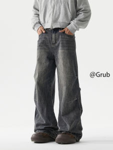 Grace Rub | Aged Washed Heavyweight Street Style Paratrooper Jeans Men Autumn Loose Straight Pants