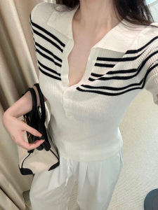 Áo Thun Dệt Kim Cổ Polo Tay Ngắn Mùa Hè Thoải Mái Độc Đáo Phong Cách Hàn Quốc Cổ Chữ V Vai Áo Nữ