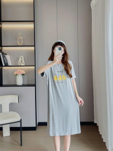 ชุดเดรสยาวฤดูร้อนแบบไร้สายแบบบางสำหรับผู้หญิงตั้งครรภ์ ผ้าโมดอล คอกลม แขนสั้น เอวหลวม ทรง H สีพื้น