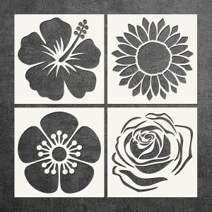 4 Pcs Floral Stencil Set - Hibiscus Sunflower Rose and Anemone 5.9x5.9 inch for DIY Home Decor Crafts and Furniture