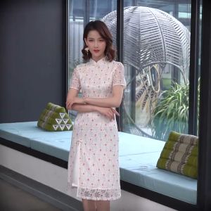 Ao Dai Style Off White Dot Lace Midi Cheongsam Dress 3030-02 蕾絲奧黛圓點米色中長旗袍裙