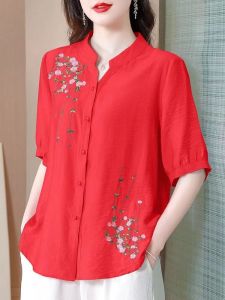 QIAOXIZI | Cotton Linen Embroidered Loose Fit T-shirt