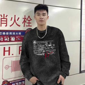 Retro American Long Sleeve T-Shirt Mens Spring Autumn Loose Pure Cotton Couple Base Shirt Top Breathable round Neck Print