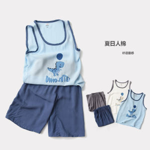 Cool Washed Cotton Childrens Vest Shorts Set Boys Two-Piece Thin Summer Clothing Casual Cartoon Print Comfortable Breathable