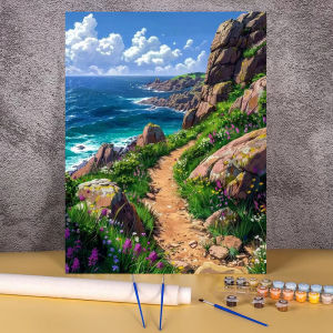 Coloring By Numbers Seascape Wall Art Painting for Bedroom Acrylic Paint By Number Seaside Cliff Picture with Number Drawing