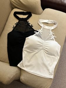 GUZILIAN | Pure Desire Hollow Out Design Womens Spring Summer Halter Neck Half High Collar Tank Top Shoulder Bared Base Shirt Commute Style