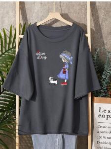 plus Size Womens T-Shirt Summer Loose Fit Short Sleeve Belly Covering Korean Style Casual Breathable Cotton round Neck Top