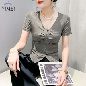 Yimei Áo thun cho Nữ Ngắn Tay Xẻ Tà Áo xếp li ôm cổ chữ V thiết kế phù hợp với áo màu xám mùa hè ngoại cỡ áo nhỏ